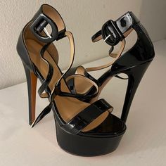 Brand New, Comfortable, Sexy Size 7 Sleek Party Heels With Buckle Closure, Edgy Patent Leather Heels For Night Out, Black Sandals For Night Out, Elegant Faux Leather Heels For Club, Faux Leather High Heels For Club, Edgy Black Heels For Club, Chic Black Heels For Night Out, Chic Black Faux Leather Heels, Black Faux Leather Sandals For Party