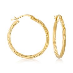 Ross-Simons - Italian 14kt Yellow Gold Twisted Hoop Earrings. 1". This glimmering twist on classic-style hoops shimmers versatility from desk to dinner. Crafted in Italy from polished 14kt yellow gold. Hanging length is 1". Snap-bar, 14kt yellow gold twisted hoop earrings. Elegant Small Hoop Hinged Earrings, Elegant Small Hinged Hoop Earrings, Elegant Small Hinged Hoop Jewelry, Elegant Hinged Small Hoop Jewelry, 14k Gold Single Hoop Earring, Classic Single Hoop Earring, Classic Hoop Single Earring, 14k Gold Small Hoop Hinged Jewelry, Small Hoop Hinged 14k Gold Jewelry