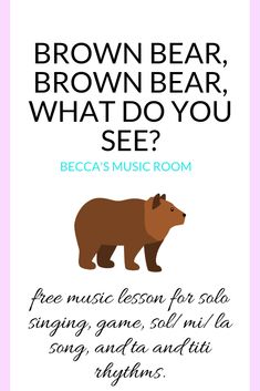 a brown bear is standing in front of a pink and white background with the words, brown bear, what do you see?