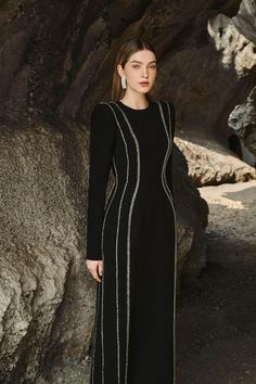 With its crepe fabric and long sleeves, this dress is perfect for adding an extra layer of sophistication to any outfit. The midi length is guaranteed to keep you comfortable all day long. Crepe Styles, Long Sleeve Bodycon Midi Dress, Classic Dresses, Black Fr, Crepe Midi Dress, Elegant Outfit Classy, Mean Blvd, Fancy Dresses Long, Bodycon Midi Dress