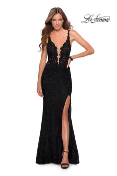 Demand attention at prom in this long lace prom dress with plunging neckline. This on trend look is complete with a sheer bodice, all over rhinestone detail, side leg slit and a sheer keyhole back. Back zipper closure. Please review size chart for measurements of each La Femme size option. Fabric: Lace Length (hollow to hem): Approx 60 inches Style: Long Dresses, Open Back Dress With Plunging Neckline, Prom Dresses Long Lace, Prom Dress Stores, Lace Prom Dress, Prom Dress Styles, Prom Style, Prom Designs, Designer Prom Dresses, Hip Pain