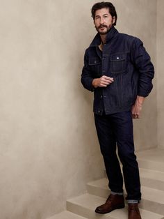 Striking a balance between ruggedly handsome workwear and plush fabrication, this denim jacket is made from sturdy selvedge denim, woven from organic cotton and finished all the bells and whistles of a classic jean jacket.  WARM: Unlined and perfect Recycled Denim Dark Wash Jacket With Patch Pockets, Recycled Denim Jacket With Patch Pockets In Dark Wash, Relaxed Fit Dark Wash Rigid Denim Jacket, Relaxed Fit Dark Wash Denim Jacket, Fall Denim Blue Rigid Denim Outerwear, Classic Long Sleeve Rigid Denim Jacket, Dark Wash Rigid Denim Outerwear With Patch Pockets, Dark Wash Cotton Denim Jacket With Welt Pockets, Classic Rigid Denim Outerwear For Fall