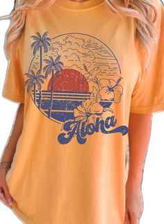 Yellow Hawaiian Top With Graphic Print, Yellow Crew Neck Beach T-shirt, Beach Yellow T-shirt With Letter Print, Yellow Beach T-shirt With Letter Print, Beach T-shirt With Letter Print In Yellow, Yellow Letter Print T-shirt For The Beach, Hawaiian Style T-shirt With Sublimation Print, Hawaiian Short Sleeve T-shirt With Letter Print, Orange Relaxed Fit T-shirt For Beach