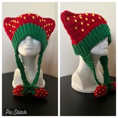 two pictures of a knitted hat with strawberries on it