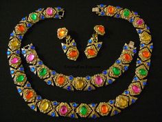 Fancy and Glam Colorful FRENCH Gripoix Poured Glass by lizystuff Formal Jeweled Costume Jewelry Sets, Formal Costume Jewelry Sets With Jewels, Glamorous Multicolor Jeweled Jewelry, Multicolor Cabochon Costume Jewelry, Festive Ornate Multicolor Jewelry, Handmade Multicolor Ornate Jewelry, Festive Multicolor Rhinestone Jewelry, Multicolor Rhinestone Necklace With Jewels, Costume Jewelry, Wedding Jewelry Sets