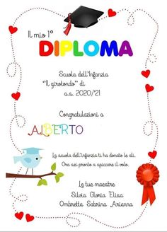 a diploma certificate with hearts and birds on it