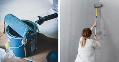 a woman is painting the walls in her house and she is holding a paint roller