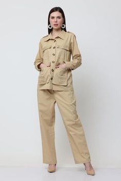 Beige shirt with placed pleated details and flap pocket. Comes with matching pant and belt. - Aza Fashions Pant Women, Beige Shirt, Pant For Women, Pleated Shirt, Pant Sets, Type Of Pants, Shirt Collar, Aza Fashion, Flap Pocket