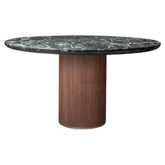 a round table with a marble top and wooden base, on an isolated white background