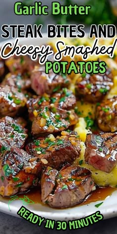 steak bites and cheese smothered potatoes on a white plate with text overlay