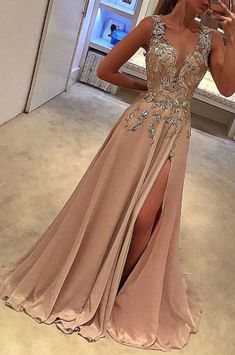 Sexy Deep V Neck With Split Side Appliques A Line Long Prom Dresses Pink Satin Prom Dress, A Line Evening Dress, V Neck Prom Dresses, 파티 드레스, Floor Length Prom Dresses, Evening Party Gowns, Prom Dresses Sleeveless, Prom Dress Shopping, Dress Chiffon