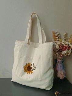 BirdinBag - Sunflower and Letter Graphic Shopper Bag - Ideal for Graduates and Students Style Preppy, Travel School, Shopper Bag, Handle Bag, Womens Tote Bags, Sunflower, Tote Bag, Pattern, Travel