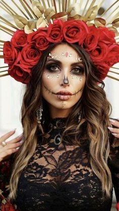 Katrina Halloween Costume, Glam Catrina Makeup, Day Of The Dead Makeup Tutorial Easy, Half Catrina Makeup, Glam Sugar Skull Makeup, Catrina Hairstyle, Catrina Costume Make Up, Sugar Skull Costume Outfit Diy, Catrina Outfit Costume Ideas