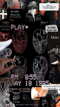 a collage of photos with different types of masks on them, including the words play and