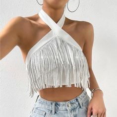 Shein Bae White Ctop Top Criss Cross Neckline Woth Fring. Brand New In Bag Size 12 Chic White Crop Top For Party, White Fitted Halter Top For Party, Fitted White Halter Top For Party, White Trendy Crop Top For Party, Trendy White Party Crop Top, Spring White Halter Top For Party, Trendy White Crop Top For Party, White Halter Top For Spring Party, White Crop Halter Top For Night Out