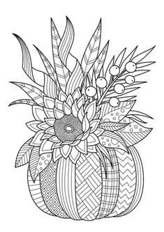 a black and white drawing of a pumpkin with flowers in the center, on a white background