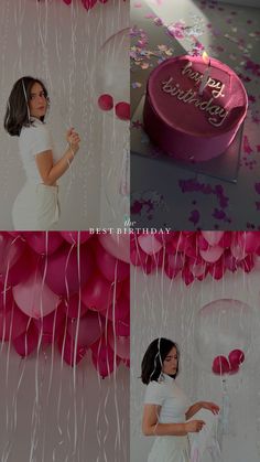 two pictures of a woman with balloons and a birthday cake