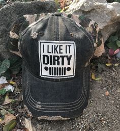 Details Vintage Distressed Trucker Cap "I Like It Dirty"Color: Black Camo Distressed Material: Cotton/Polyester blend, Mesh backSize: One size fits most, with an adjustable snapback strap. Unisex cap. Distressed Snapback Dad Hat For Outdoor, Distressed Trucker Baseball Cap, Distressed Trucker Baseball Cap For Outdoor, Distressed Trucker Snapback Hat, Adjustable Distressed Trucker Baseball Cap, Distressed Trucker Hat For Streetwear, Adjustable Distressed Trucker Hat Baseball Cap, Distressed Snapback Baseball Cap, Distressed Snapback Trucker Hat