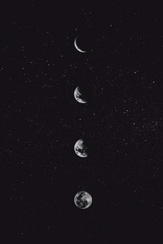 three phases of the moon are shown in black and white, as well as stars