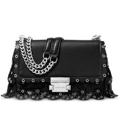 Charming Eyelet Accents Enhance The Appeal Of The Take-Anywhere Michael Michael Kors Sloan Chain Shoulder Bag. 8-1/4"W X 5-1/2"H X 2-3/4"D (Width Is Measured Across The Bottom Of Handbag) Silhouette Is Based Off 5'9" Model 11"L To 20"L Strap Push-Lock Closure Silver-Tone Exterior Hardware 1 Interior Zip Pocket, 1 Slip Pocket & 1 Center Zip Compartment Suede; Lining: Polyester Party Leather Bag With Silver Accents, Designer Evening Bags With Silver Accents, Leather Party Bag With Silver Accents, Luxury Leather Bag With Silver Accents, Evening Leather Bags With Silver Accents, Leather Evening Bags With Silver Accents, Silver Leather Bag With Chain Strap, Evening Leather Shoulder Bag With Silver Accents, Evening Shoulder Bag With Silver Accents