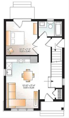 a floor plan for a small house with stairs and living room in the corner,