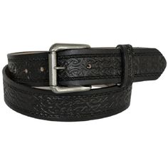 Handmade Celtic interlace artwork leather belt features the intricate Gaelic stylings of Scotland and Ireland and a features a durable snap to easily change belt buckles. This classic bordered Celtic interlace design in bold relief is brave with jeans, slacks and kilts for men and women alike. -Made from premium full-grain American cowhide and built to last. Won't rip, split or peel apart like store-bought impostors!-Oh Snap! Belt comes included with a stylish plain buckle attached with a durabl Black Leather Embroidered Belt Buckles, Adjustable Embossed Leather Belt, Black Hand Tooled Leather Belt Buckles, Black Leather Hand Tooled Belt Buckles, Kilts For Men, Kilt Belt, Men In Kilts, Celtic Design, Beautiful Belts