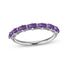 Add this gemstone ring to bring a burst of color to your ring stack. Styled in sterling silver Vibrant baguette-cut amethysts are set along the top This slender style is also attractive when worn alone Amethyst is the birthstone of February Purple Gemstone Rings With Baguette Cut, Purple Gemstone Baguette Cut Rings, Purple Baguette Cut Gemstone Rings, Purple Amethyst Rings With Baguette Cut, Purple Amethyst Baguette Cut Ring, Baguette Cut Amethyst Ring In Purple, Purple Baguette Cut Amethyst Ring, Purple Gemstone Stackable Rings Fine Jewelry, Neil Lane Engagement Rings