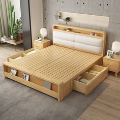 a wooden bed with drawers underneath it in a living room next to a plant and potted plants