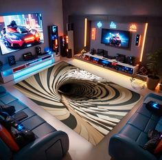 a living room filled with furniture and a flat screen tv mounted to the side of a wall