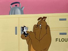 a cartoon character holding a cell phone in front of a cabinet with the word flour on it