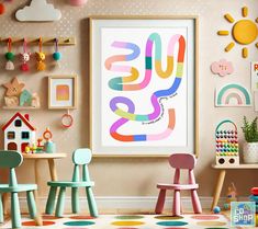 children's playroom with toys and artwork on the wall, including chairs and tables