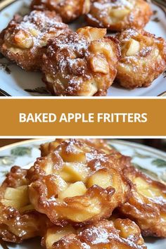 baked apple fritters on a plate with the words baked apple fritters above them