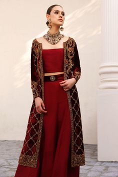 Aisha Imran. Cherry Red Velvet Bollywood Sharara, Red Velvet Wedding Sets, Red Velvet Sharara With Resham Embroidery, Red Velvet Anarkali Sharara, Red Velvet Sharara For Wedding, Red Velvet Traditional Sharara, Red Velvet Sharara, Red Velvet Wedding Sharara, Traditional Red Velvet Sharara