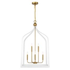 a white and gold chandelier with five lights hanging from the front, on a white background