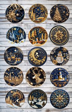 many plates are arranged on a wooden wall