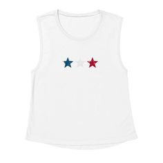 Super cute summer tank with vintage red white and blue stars! Great for 4th of July holiday weekend. This feminine version of the traditional muscle tank is a must-have style, designed with exceptionally soft poly-viscose fabrication that comfortably drapes around curves. The modern elongated armholes and curved bottom hem make it perfect for layering. Offered in a variety of colors, start designing your artwork now and let your creativity run wild!  If you are looking for unmatched quality and Summer Crew Neck Top With Star Print, Red Star Print Top For Summer, Patriotic Crew Neck Top For Summer, Patriotic White Tops For Summer, White Patriotic Tops For Summer, White Patriotic Summer Tops, Cotton Summer Top With Star Print, Casual American Flag Print Tank Top, Red Star Print Crew Neck Tops