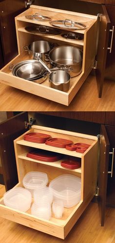 an open cabinet with two bowls and three pans in it on the bottom shelf