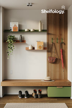 A beautiful organized entryway featuring colorful metal wall shelves and hooks from Shelfology. Hallway Wall Shelves, Shelves In Nook Spaces, Wood Wall Shelf Ideas, Entryway Wall Storage Ideas, Entry Way Shelf With Hooks, Mudroom Floating Shelves, Shelf With Hooks Entryway, Entry Way Wall Hook Ideas, Entryway Hooks And Shelf