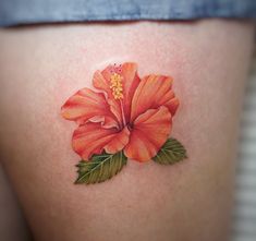 an orange flower with green leaves on the thigh