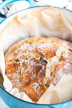 a baked pastry in a blue pot on a table