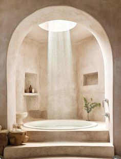 a bath room with a large tub and a shower head mounted to the side of it