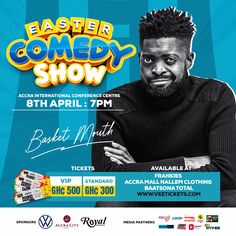 an advertisement for the easter comedy show, with a man in black shirt and tie