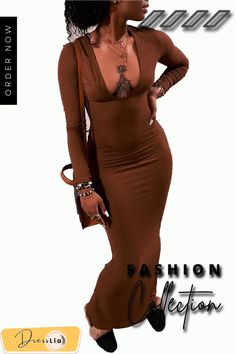 Low Cut Long Sleeve Bodycon Maxi Dresses Trendy Brown Stretch Bodycon Dress, Brown Long Sleeve Bodycon Dress For Summer, Brown Long Sleeve Bodycon Summer Dress, Summer Long Sleeve Brown Bodycon Dress, Brown Knee-length Bodycon Dress For Spring, Spring Knee-length Brown Bodycon Dress, Spring Brown Bodycon Dress For Club, Spring Club Brown Bodycon Dress, Spring Brown Knee-length Bodycon Dress