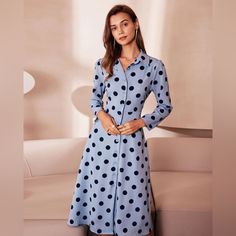 Details: - Blue - Work - Polka Dot - Button - Lapel - A Line - 3/4 Length Sleeves - Midi - Slim Fit - No Stretch - 100% Polyester - Machine Wash Or Professional Dry This Button Up Midi Dress Is A Perfect Choice For Any Occasion. The 3/4 Length Sleeves, Button And A Line Design Of The Dress Adds Movement And Flow, Making It Easy To Wear And Dance In. The Polka Dot Pattern Print Detail Adds A Feminine Touch And Makes This Dress Perfect For Any Occasion. Whether You're Going Out On A Date Or Attend Colorful Midi Dress, Button Midi Dress, Tailored Clothes, Elegant Midi Dresses, Perfect Wardrobe, Blue Midi Dress, Polka Dot Pattern, Knee Length Dresses, Floral Midi Dress