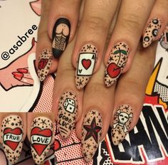 Punk Rock Nail Art, Rockabilly Nail Art, Punk Rock Nails Grunge, Traditional Tattoo Nails, Punk Rock Nails Designs, Rock Nail Art, Rockabilly Nails, Tattoo Nails, Nails Grunge