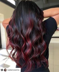 Balayage Hair Red And Black, Burgundy Peekaboo Highlights, Red Hair Balayage Black, Black To Wine Red Ombre Hair, Brown Hair With Red Highlights Burgundy, Dark Brown Burgundy Balayage, Dark Cherry Hair Balayage, Hair Colour Red Highlights, Wine Red Hair Color Highlights