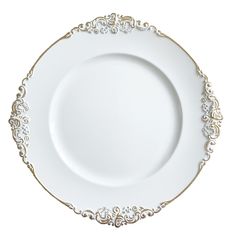 an empty white plate with gold trimmings on the rim and sides, isolated against a white background