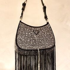 This Handbag Is Small And Sparkly With Adjustable Strap That Can Make It A Shoulder Bag Or Cross Body. I’ve Added Fringe To Make It The Perfect Statement Piece For Any Rhinestone Cowgirl! It Comes With Box And It’s Never Been Used, Just Added Fringe For Flare. Designer Leather Shoulder Bag With Rhinestones, Luxury Bags With Rhinestone Fringe, Chic Embellished Leather Bag, Glamorous Leather Embellished Bags, Glamorous Embellished Leather Bags, Rhinestone Cowgirl, Tory Burch Crossbody, London Bags, Vintage Fendi