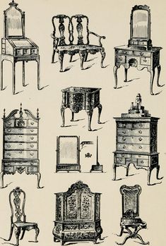 an old book with drawings of furniture and chairs on it's pages, including a dresser