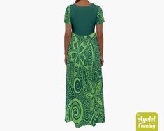 "IF YOU NEED YOUR ITEMS TO ARRIVE BY SPECIFIC DATE PLEASE UPGRADE TO EXPRESS SHIPPING AT THE CART. This gorgeous Polynesian Hawaiian tribal cotton maxi dress is featuring traditional green design on dark green background. This unique and eye catching maxi dress with short sleeves is the perfect dress for daytime or evening wear, loose fit with a great drape. The dress is made out of 90% Cotton and 10% Polyester spandex semi-transparent fabric that makes the fabric soft to touch and really comfor Green Bohemian Short Sleeve Maxi Dress, Green Short Sleeve Bohemian Maxi Dress, Green Bohemian Maxi Dress With Short Sleeves, Green Cotton V-neck Maxi Dress, Green V-neck Cotton Maxi Dress, Casual Flowy Green Maxi Dress, Green Fitted Casual Maxi Dress, Casual Fitted Green Maxi Dress, Flowy Green Floor-length Maxi Dress